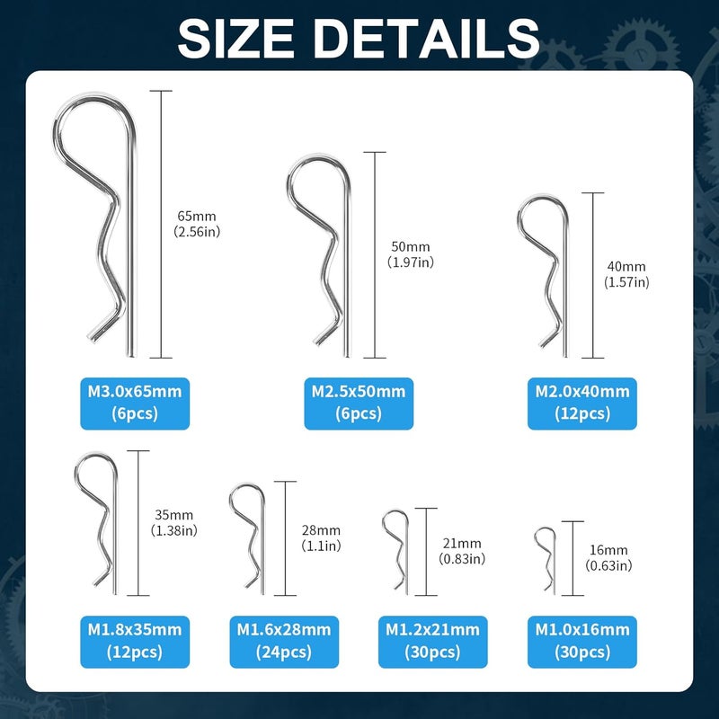 CARLWIN 120pcs Premium Cotter Pin Assortment Kit, Heavy Duty R-Shaped Cotter Pins, 7 Sizes Zinc Plated Carbon Steel Hardware Pins for Automotive, Machinery, Lawn Mowers, and DIY Projects - Image 2